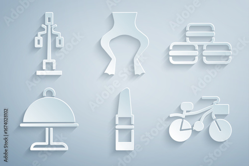 Set Lipstick, Macaron cookie, Covered with tray, Bicycle, Frog legs and Street light icon. Vector