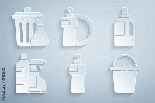 Set Dishwashing liquid bottle, Fabric softener, Bottles for cleaning agent, Bucket, and plate and Trash can garbage bag icon. Vector