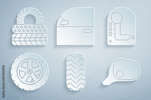 Set Car tire, Gear shifter, wheel, mirror, door and icon. Vector