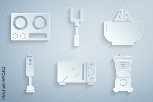 Set Microwave oven, Citrus fruit juicer, Blender, Barbecue fork and Gas stove icon. Vector