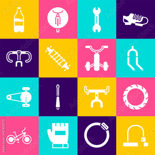 Set Bicycle lock, wheel tire, fork, Wrench spanner, suspension, handlebar, Sport bottle with water and kids icon. Vector
