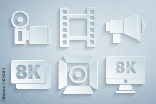 Set Movie spotlight, Megaphone, 8k Ultra HD, Monitor with, Play Video and Cinema camera icon. Vector
