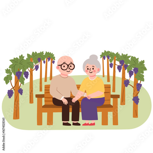 Elderly couple in vineyard. Seniors enjoying countryside together. Romantic walk through grapevines. Retired couple in wine country. Elderly set