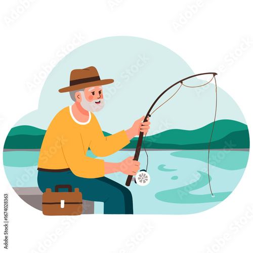 Elderly man fishing at lake. Senior enjoying quiet fishing time. Old man with fishing rod by water. Peaceful lakeside hobby for retirees. Elderly set