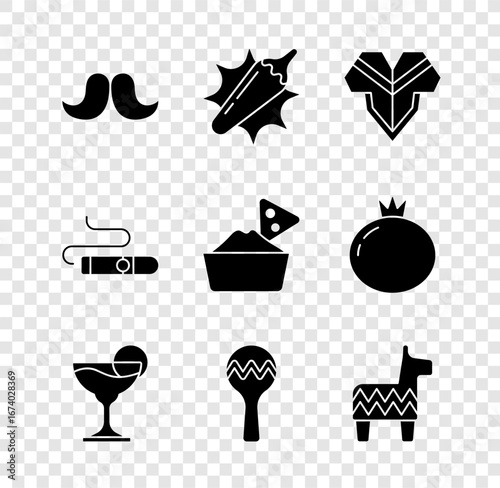 Set Mustache, Hot chili pepper pod, Poncho, Margarita cocktail, Maracas, Pinata, Cigar and Nachos bowl icon. Vector