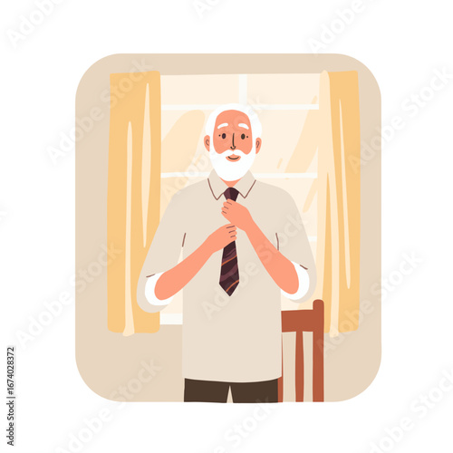 Elderly man tying necktie. Senior dressing up for occasion. Elegant old man adjusting clothes. Gentleman's daily routine in age. Elderly set