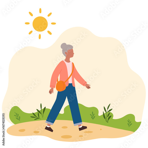 Senior on nature walk. Elderly person hiking through forest. Peaceful outdoor stroll in woods. Active retirement with nature walks. Elderly set