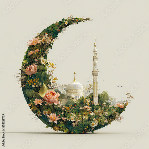 Celebratory floral crescent moon displaying mosque architecture in a serene nature setting artistic illustration spiritual concept