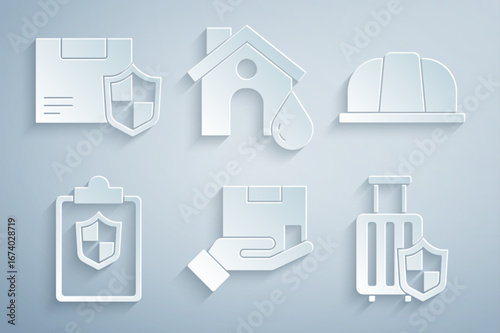 Set Delivery insurance, Worker safety helmet, Document with shield, Travel suitcase, House flood and security icon. Vector