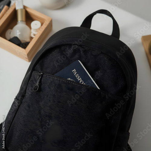 A dark blue passport is securely tucked into the zippered front pocket of a black textured backpack Blurred background items suggest travel preparation or daily readiness An essential item