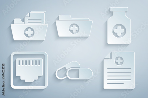 Set Medicine pill or tablet, bottle, Network port cable socket, Clinical record, Health folder and icon. Vector