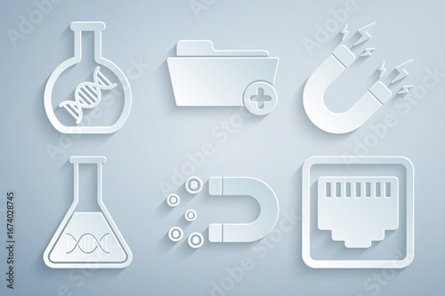 Set Magnet with money, lightning, DNA research, search, Network port cable socket, Health record folder and icon. Vector