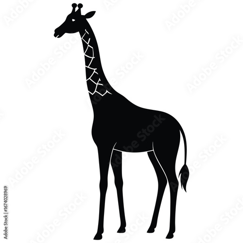 Black silhouette of a giraffe with white patterned neck