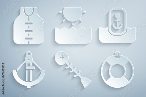 Set Dead fish, Location with anchor, Anchor, Lifebuoy, Sun and jacket icon. Vector