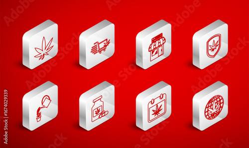 Set line Legalize marijuana, Shopping cart with, Marijuana and cannabis store, Shield, Calendar, leaf, Medical bottle and Watering icon. Vector