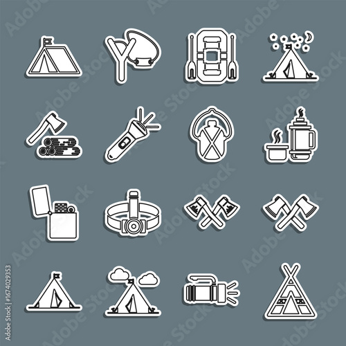 Set line Tourist tent, Crossed wooden axe, Thermos container, Rafting boat, Flashlight, Wooden and, with flag and Canteen water bottle icon. Vector
