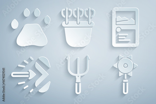 Set Neptune Trident, Card game collection, Magic arrow, Medieval chained mace ball, Quiver with arrows and Bear paw footprint icon. Vector