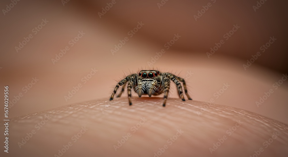 Obraz premium Detailed macro shot of a tiny, curious jumping spider with large forward-facing eyes perched on human skin