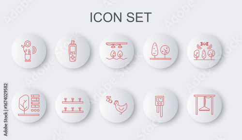 Set line Automatic irrigation sprinklers, Plant status, Smart farm with bulb and plant, Temperature humidity sensor, farming technology, Portable, and Chicken camera icon. Vector