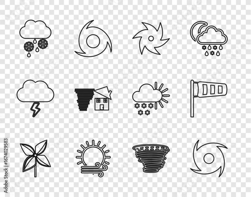 Set line Pinwheel, Tornado, Wind and sun, Cloud with snow rain, swirl, and Cone meteorology windsock wind vane icon. Vector