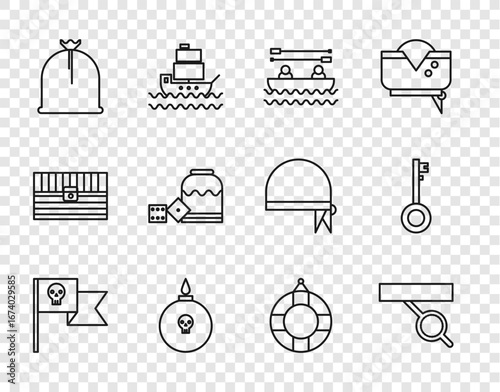 Set line Pirate flag with skull, eye patch, Boat oars, Bomb ready to explode, sack, game dice, Lifebuoy and key icon. Vector
