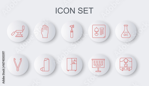 Set line X-ray machine, Medical tweezers, otoscope tool, Eye test chart, dental chair, rubber gloves, Inhaler and Medicine cabinet icon. Vector