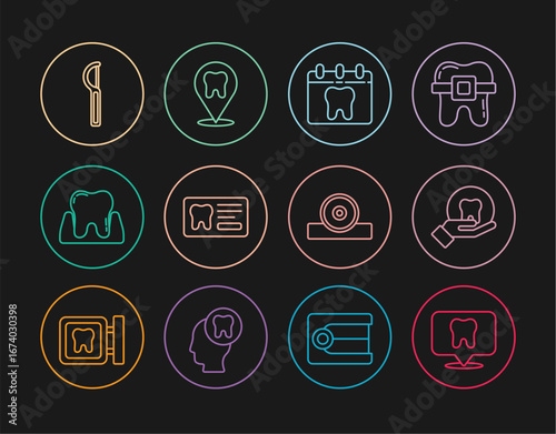 Set line Dental clinic location, Tooth, Calendar with tooth, card, floss, Otolaryngological head reflector and icon. Vector