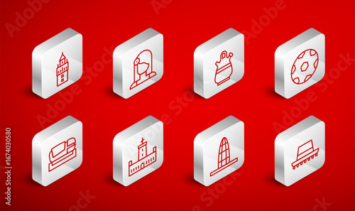 Set line Spanish hat, woman, Sangria pitcher, Football ball, Agbar tower, Giralda, Montjuic castle and Stadium Mestalla icon. Vector