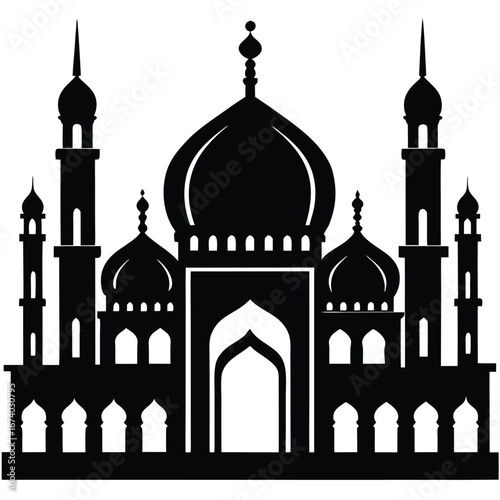 Black silhouette of a grand mosque with multiple domes and minarets 1