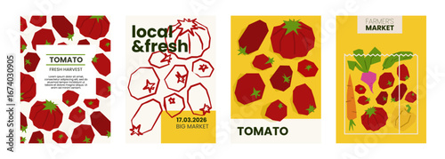 Fresh tomato illustration. Simple posters with organic fruits or vegetables for farmers market advertising. Vector templates with copyspace. Set of harvested food in minimal hand drawn and flat style.