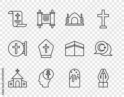 Set line Church building, Hands praying position, Hindu spiritual temple, Cross ankh, Decree, paper, parchment, scroll, Pope hat, Easter cake and Star crescent icon. Vector