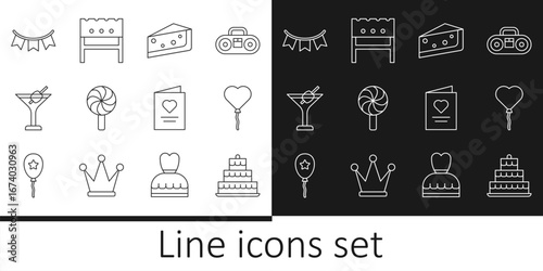 Set line Cake with burning candles, Balloons form of heart, Piece cake, Lollipop, Martini glass, Carnival garland flags, Postcard and BBQ brazier icon. Vector
