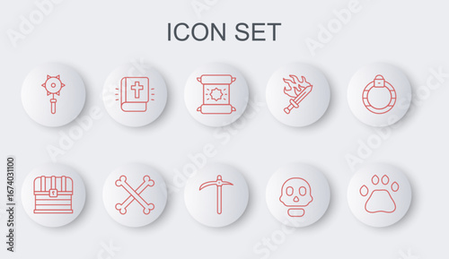 Set line Bear paw footprint, Chest, Decree, parchment, scroll, Skull, Medieval chained mace ball, Holy bible book, Crossed human bones and Pickaxe icon. Vector