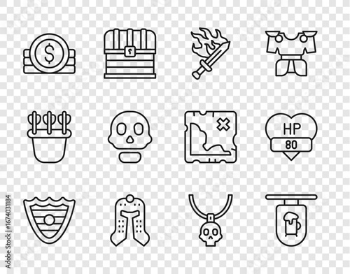 Set line Shield, Street signboard with Bar, Sword for game, Medieval helmet, Ancient coin, Skull, Necklace amulet and Video bar icon. Vector