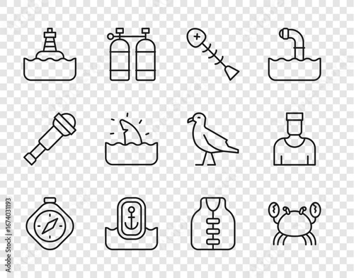 Set line Compass, Crab, Dead fish, Location with anchor, Floating buoy, Shark fin ocean wave, Life jacket and Sailor captain icon. Vector