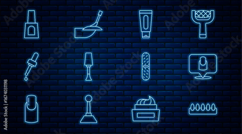 Set line False nails, Manicure, Tube of hand cream, Nail polish, Pipette with oil, Bottle, file and icon. Vector