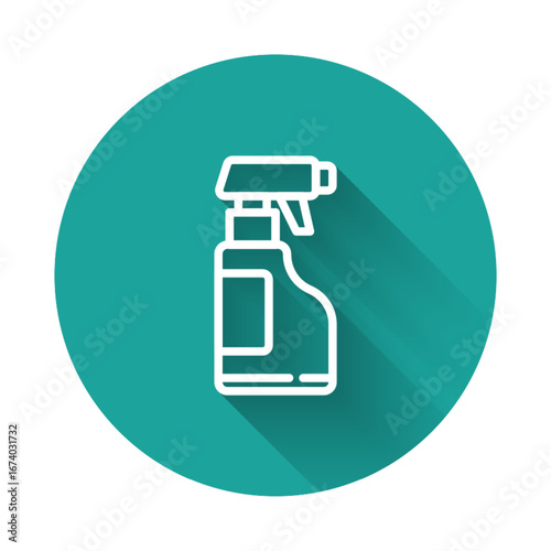 White line Cleaning spray bottle with detergent liquid icon isolated with long shadow. Green circle button. Vector Illustration