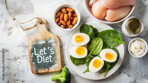 Let’s Diet Healthy Food Concept, Fresh Fruits, Vegetables, Eggs, and Clean Eating Lifestyle