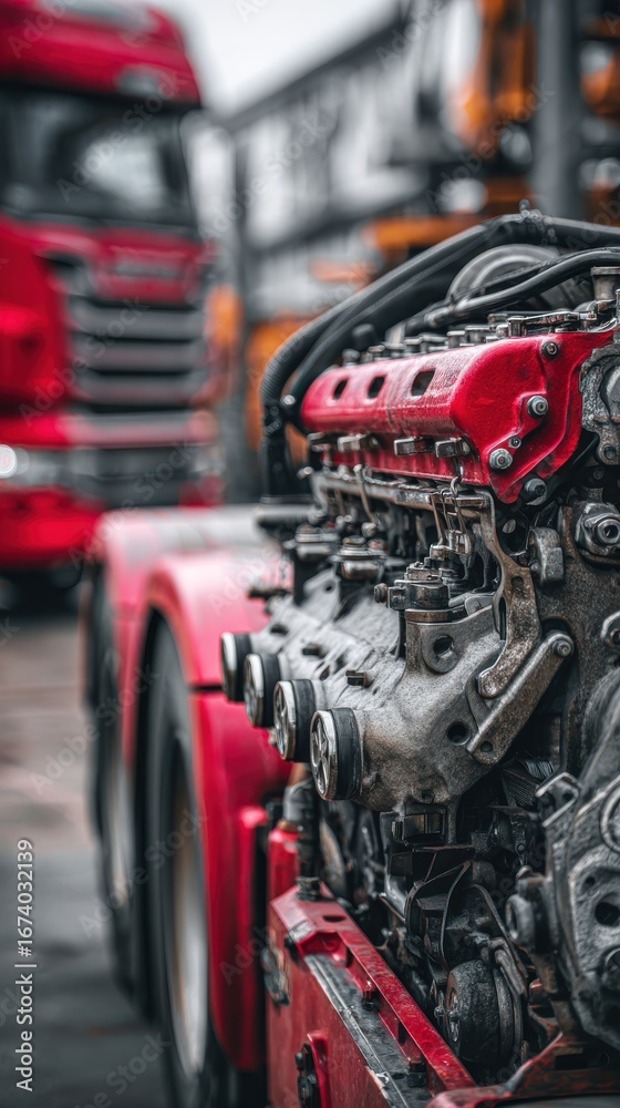 Fototapeta premium High-quality photo of disassembled truck engine in repair service. Heavy machinery, diesel motor vehicle part close-up. Red truck blurred background. Maintenance, repair.
