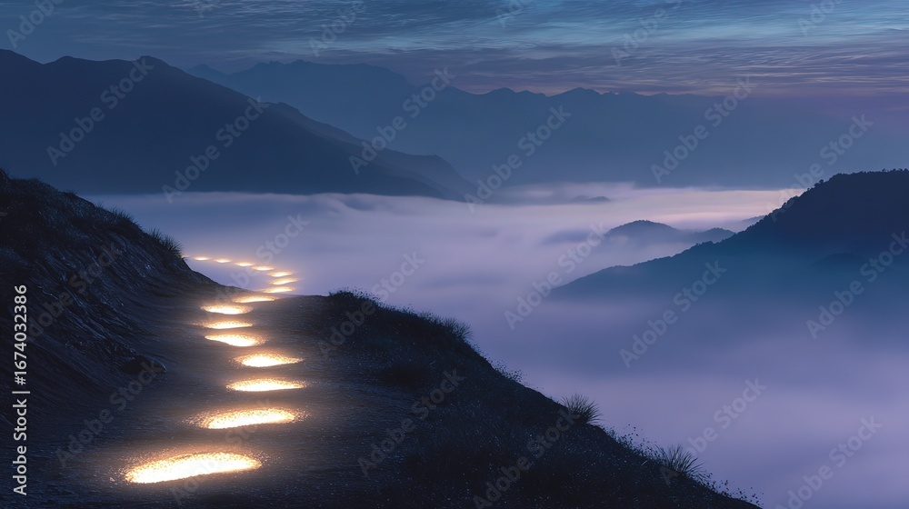 Fototapeta premium Glowing footprints ascending misty mountains, representing the challenging path of personal health journeys.
