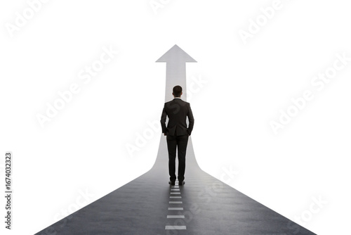 Corporate figure walking on dotted line toward upward arrow showing strategic planning and leadership, isolated on a transparent background