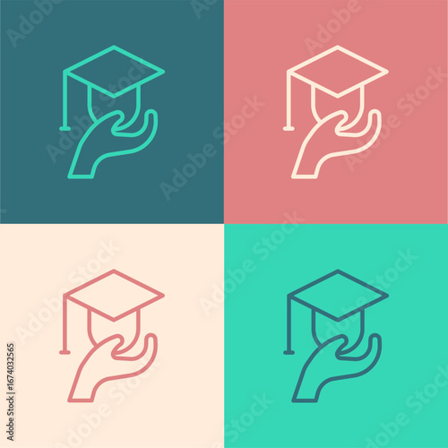 Pop art line Education grant icon isolated on color background. Tuition fee, financial education, budget fund, scholarship program, graduation hat. Vector