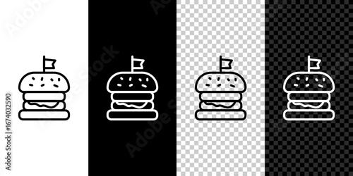 Set line Burger icon isolated on black and white, transparent background. Hamburger icon. Cheeseburger sandwich sign. Fast food menu. Vector