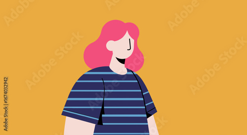 Vibrant flat design illustration of a person with pink hair and striped shirt against a yellow background. Modern, diverse representation ideal for digital content and profiles.