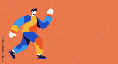Dynamic illustration of a man running with energy and purpose on a vibrant orange background, symbolizing progress, health, and an active lifestyle. Ideal for business, sports, and wellness concepts.