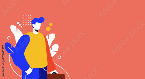 Modern abstract illustration of a professional man in colorful attire with a briefcase, set against a vibrant background with organic shapes, suitable for business, marketing, or creative concepts.