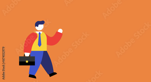 An optimistic businessman in flat design walks forward and waves, holding a briefcase, symbolizing progress, welcome, and career opportunities.