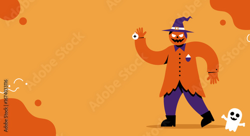 Spooky and fun Halloween illustration featuring a smiling jack-o'-lantern scarecrow and a cute ghost on an orange background, perfect for holiday promotions.