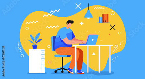 Man focused on remote work at his home office, actively typing on a laptop. Depicts productivity, online learning, and digital entrepreneurship.