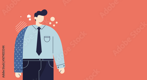 Professional businessman illustration, thinking or conceptualizing with abstract elements on a vibrant background. Ideal for corporate, marketing, or lifestyle content.